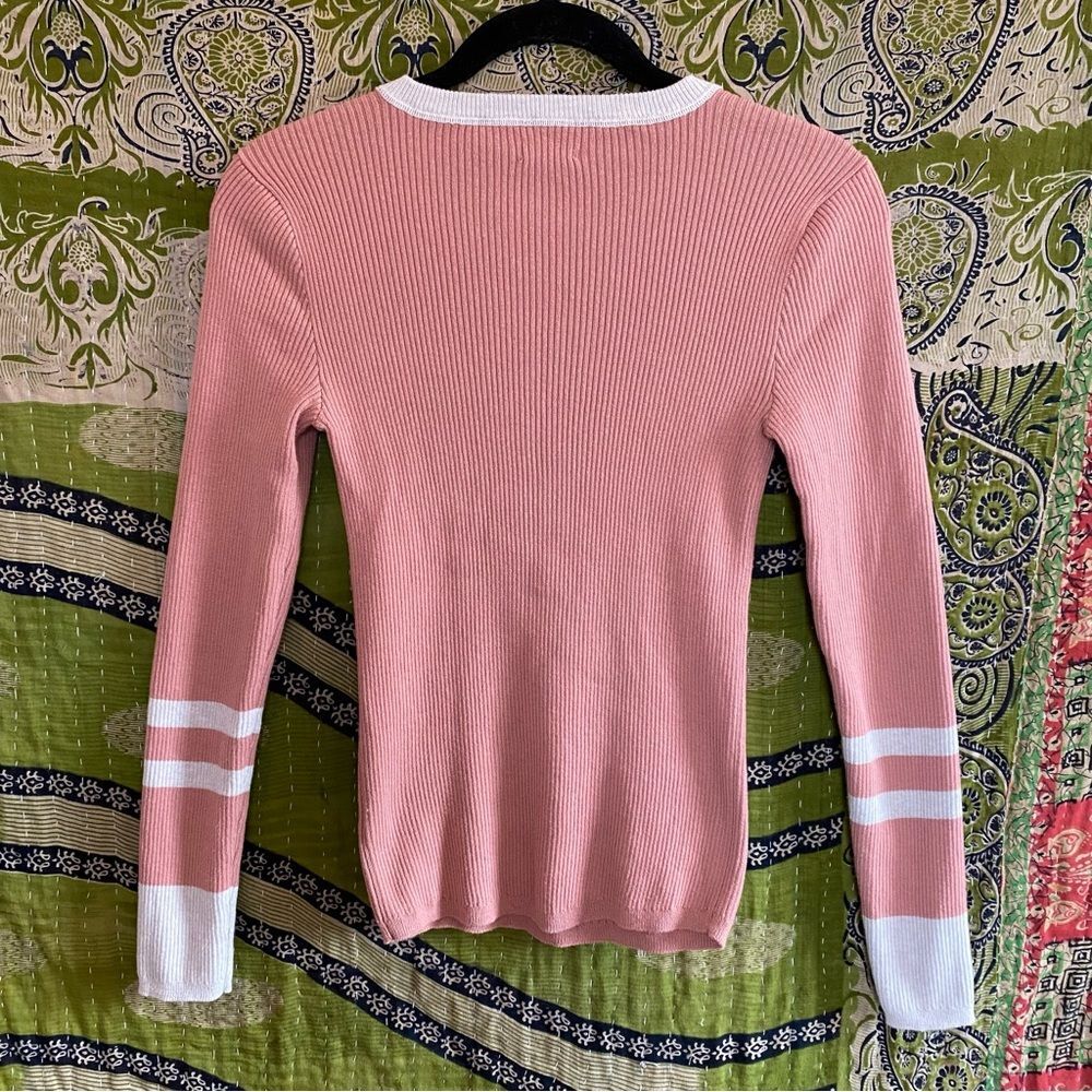 Faherty Rose Pink Colorblock Mikki Cotton/ Cashmere Henley Sweater Size Small - Picture 10 of 15